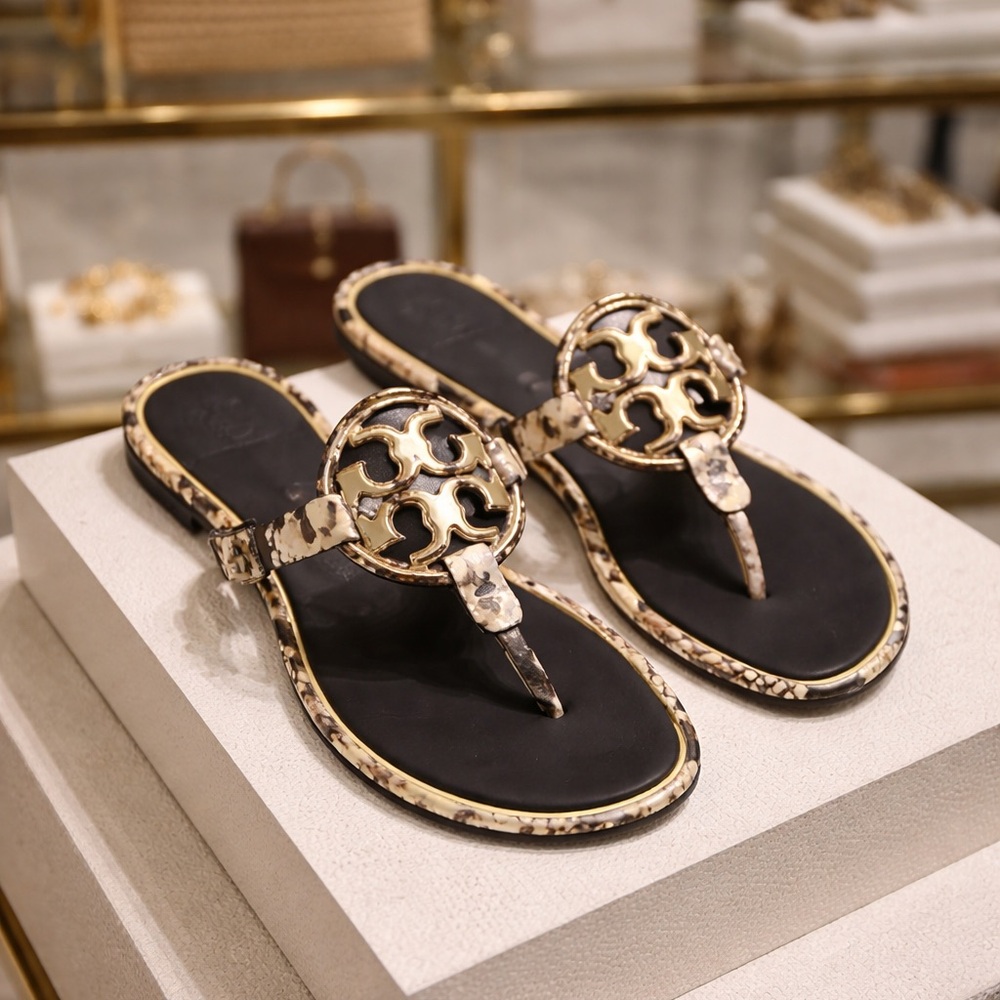 Tory Burch Metal Miller Black and Gold Women's Sandals Snakeskin